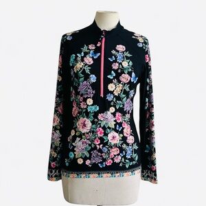 Johnny Was Floral Butterfly SURF SHIRT Swim Zip Up Golf Shirt sz Large NWT